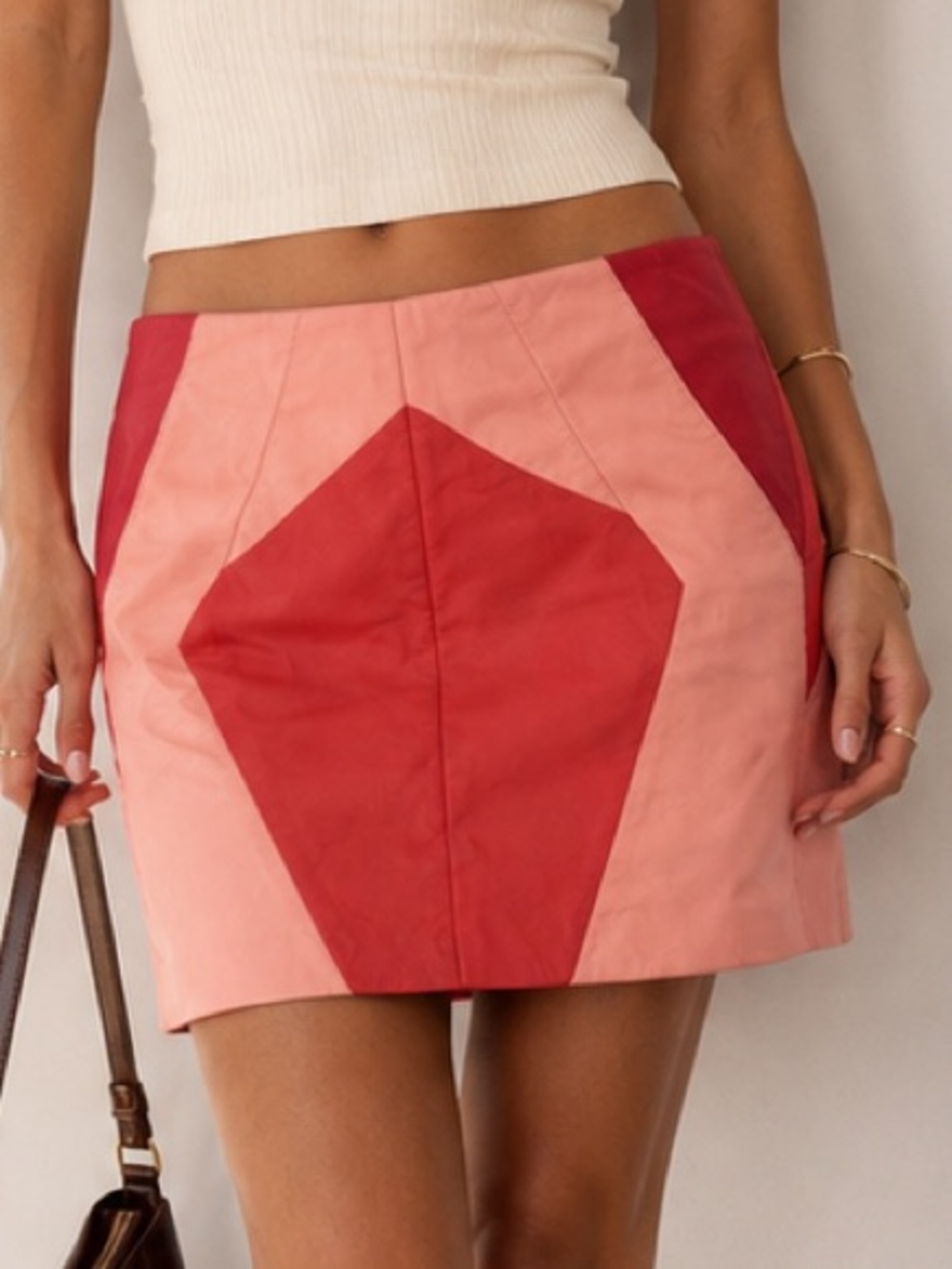 Maje Arbalette Colorblock Lamb Leather Mini Skirt Pink & Coral (Size M)